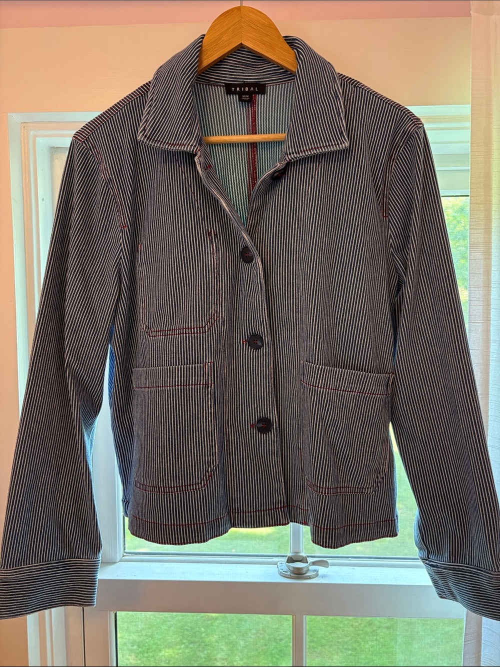 Tribal Women's Navy and White Pinstripe Jean Jacket